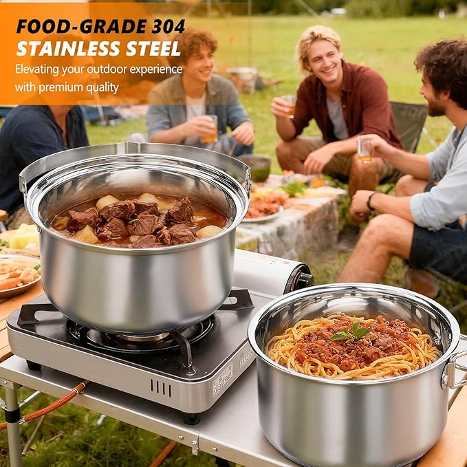 ROVSUN 34/10/6 pcs Camping Cookware Mess Kit, Lightweight Non-Stick Camping Cooking Pot and Pan Set with Stainless Steel Camping Gear Kettle Cup for Open Fire, Backpacking, Outdoor Cooking