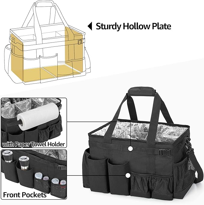 HODRANT Large Grill Utensil Caddy with Paper Towel Holder, Outdoor Picnic Bag Organizer for BBQ Supplies Tool, Tailgating Accessory Basket Camping Gear Must Haves for Cook Essentials, Black, Bag Only