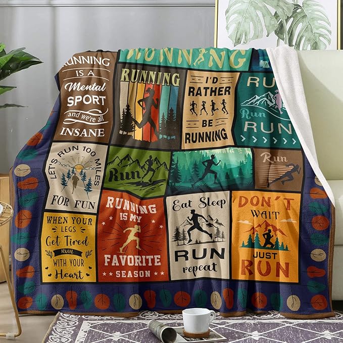 Running Gifts for Women/Men Blanket 50"X60", Cool Sports Theme Birthday Gifts for Runners, Cross Country/Marathon Presents, Track and Field Running Accessories for Her/Him Present Throw