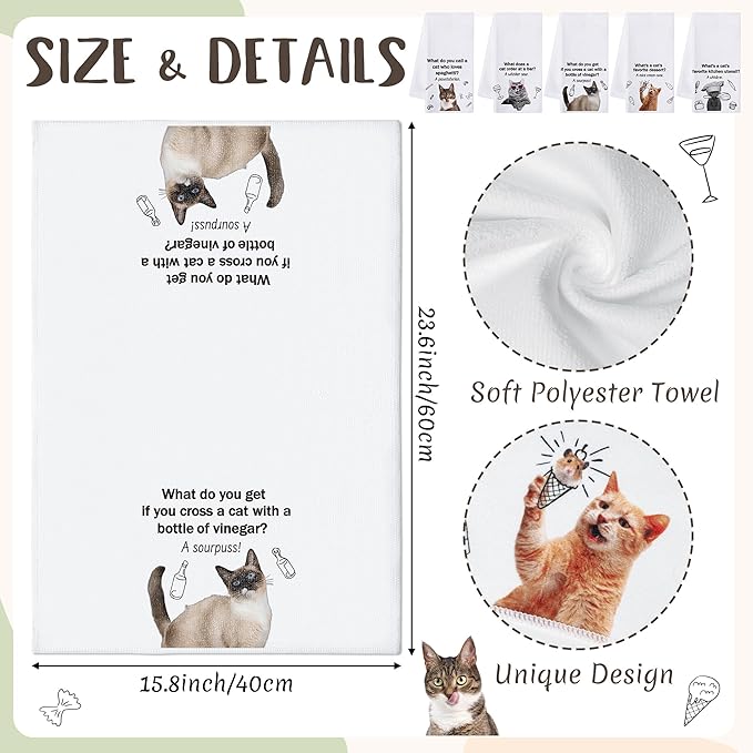 R HORSE 5Pcs Cats Kitchen Towels Set - Funny Cat Pun Jokes Absorbent Quick Dry Cloth Dish Tea Towels Reusable Bar Hand Dishcloths Decor for Cat Lovers Bathroom Kitchen Home Supplies Housewarming Gifts