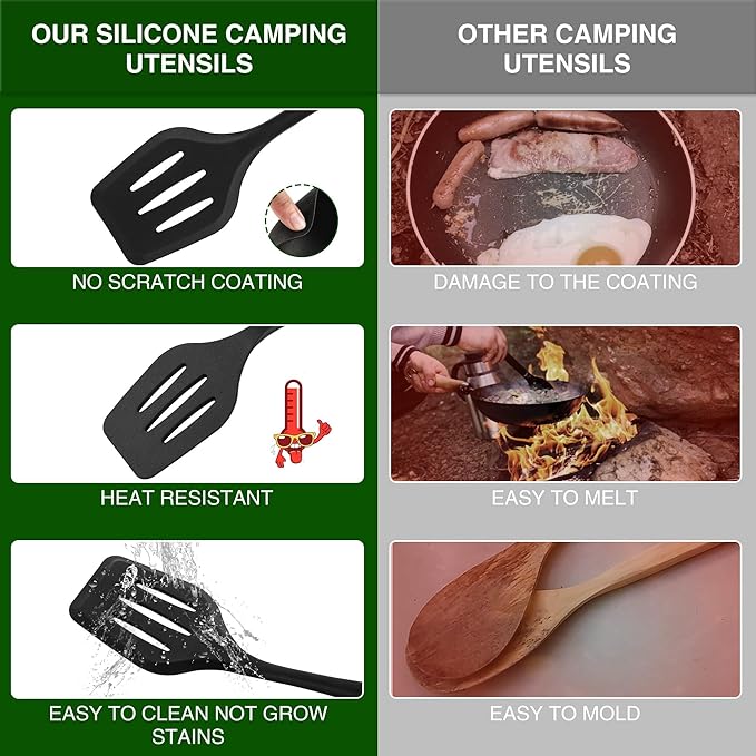 Wesqunie Camping Essentials Cookware Cooking Utensils Set - Portable Camp Kitchen Mess Kit Outdoor Accessories, Stainless Steel & Silicone, Camping Gear Equipment for RV Picnic Grill, 14PCS Black