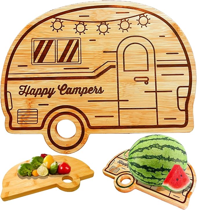 Large Camper Cutting Board, Wood Cutting Board For Kitchen Serving tray and Chopping Board, Unique RV Gifts kitchen Essentials for Women, Bamboo Camping Gifts for Women for Holiday Camping Gift
