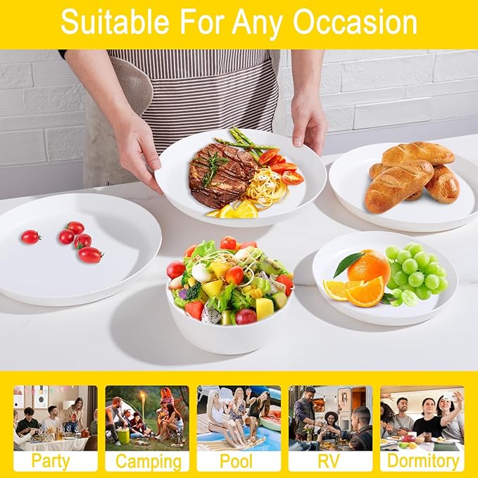 EI 12pcs White Wheat Straw Plates,Wheat Straw Dinnerware Set,Plates and Bowls Sets,Unbreakable Plastic Plate,Plastic Plates Reusable,Dinner Plates Set of 4,Plastic Dishes Set