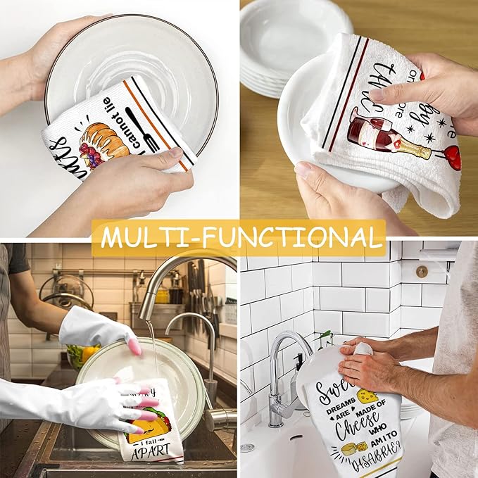 Funny Kitchen Towels and Dishcloths Sets of 4 Kitchen Towels with Sayings Cheese Bundts Absorbent Drying Tea Dish Towel for Cooking Baking Home Decorations,16 x 24 Inch