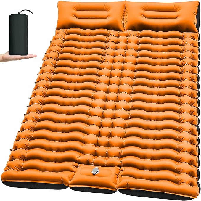 Yuzonc Double Sleeping Pad for Camping, 4" Extra Thick Self-Inflating Air Mattress - 2 Person Inflatable Camping Mat with Built-in Foot Pump & Pillow, Backpacking Hiking Tent Travel-Orange