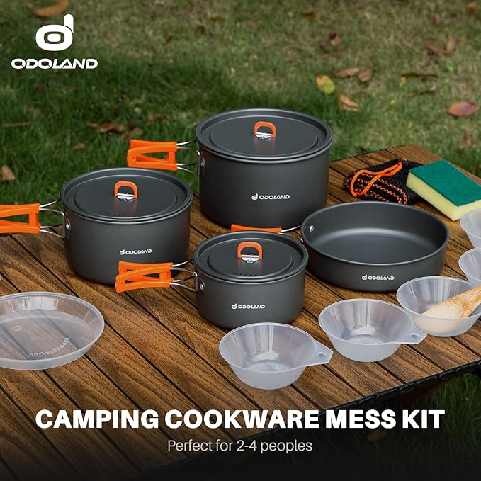 Odoland 15pcs Camping Cookware Non-Stick Lightweight Camping Pots and Pans Set with Kettle Plastic Plates Bowls Soup Spoon for Camping, Backpacking, Outdoor Cooking and Picnic