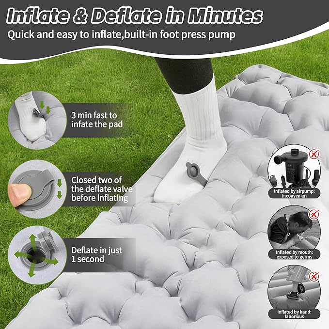 HiiPeak Double Sleeping Pad for Camping - Suede Top Camping Mattress with Pillow, Built-in Foot Pump, Compact Inflatable 2-Person Portable Mat for Backpacking, Hiking, Car Traveling, Beach, Tent