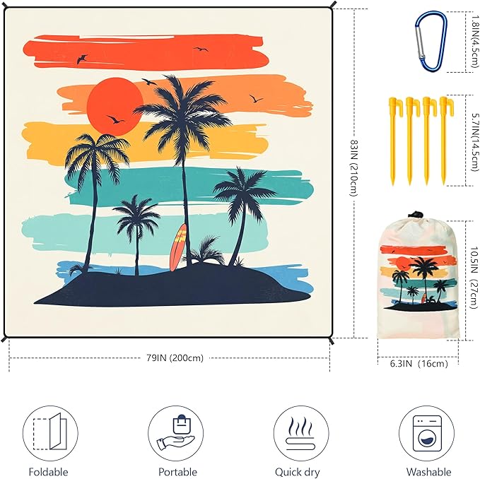 WIWIGO Beach Blanket Waterproof Sandproof Beach Mat 79" X 83"/10'x9'for 2-8 Adults Quick Drying Outdoor Picnic Mat Beach Accessories for Travel, Camping, Hiking