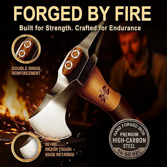 Grumpy Bear 11" Camping Hatchet, Survival Axe with Sheath, High Carbon Steel and Wood Handle, Anti-Slip Grip – Ideal for Bushcraft, Wood Splitting & Outdoor Adventures