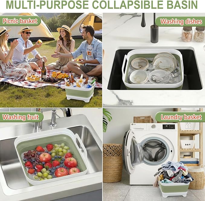 Collapsible Wash Basin for Baby Bottles with Drying Rack – 2.4 Gallon Foldable Dish Tub with Handles, Portable RV Camping Sink & Space-Saving Wash Bin with Lid for Kitchen, Travel & Outdoor, Green