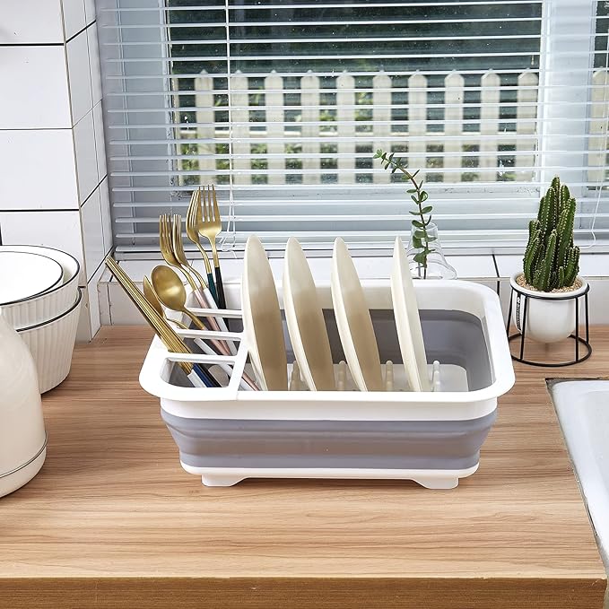 Goderewild Collapsible Dish Rack with Drainboard for Drying Dishes - Space-Saving Foldable Design with Dinnerware Storage Tray/Basket - Perfect for Kitchen Counter Organization