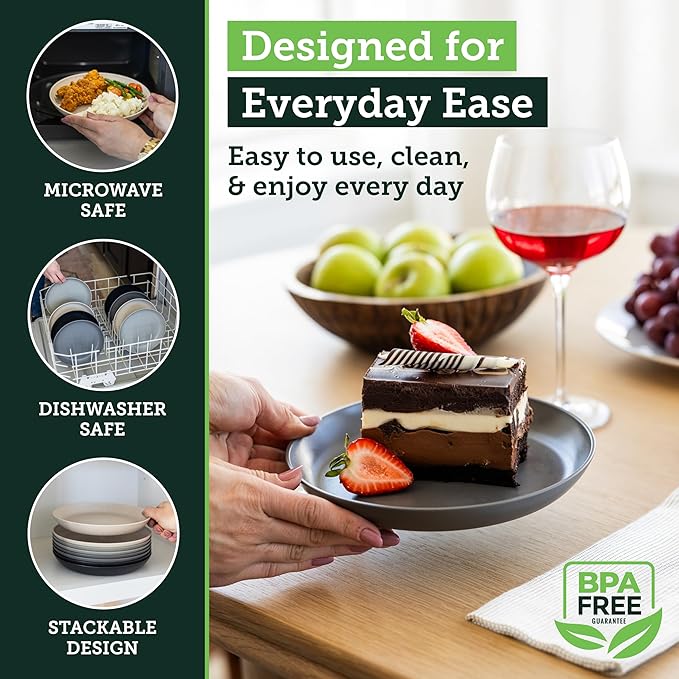 Grow Forward Premium Wheat Straw Plates - 8 Inch Reusable Hard Plastic Dinner Plates Set of 8 - Unbreakable Microwave Safe Plates for Dessert, Camping, RV, Outdoors, Patio, Kitchen Dishes - Moonlight