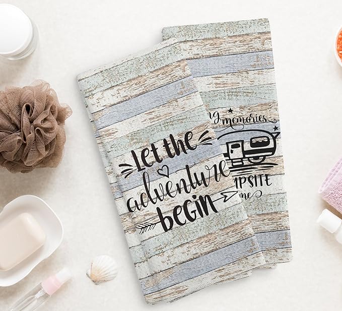 Camping Let the Adventure Begin Kitchen Towels and Dishcloths Sets of 2,Campsite Cabin RV Drying Cloth Hand Towels Tea Towels for Bathroom Kitchen,Campers Camping Lovers Adventurers Gifts,16×24 inches