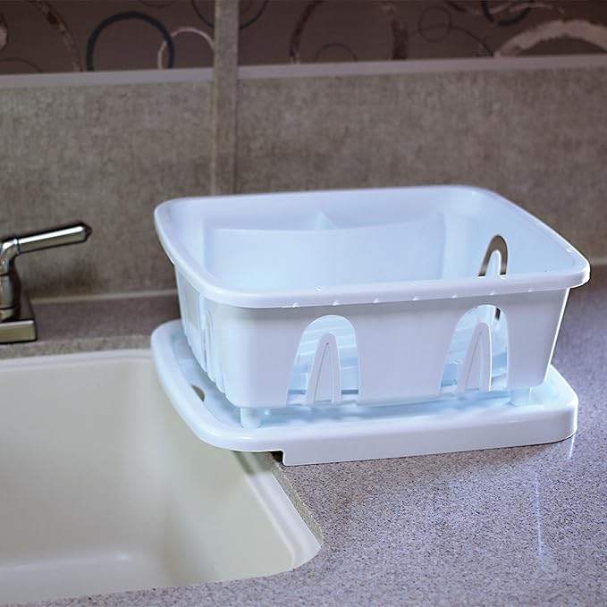 Camco RV Mini Dish Drainer & Tray - Features a Sloped Drain Tray Design, Heavy-Duty Construction - Ideal for Small Spaces, Apartments, Boats, and More -9.5" L x 11.7" W x 4.75" H - White (43511)