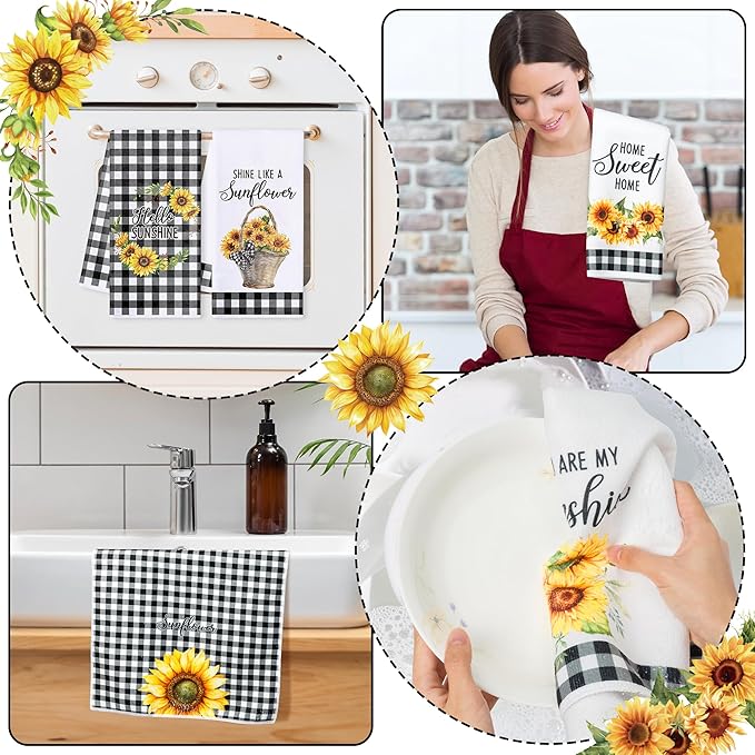 R HORSE 5Pcs Sunflower Kitchen Towels Decorative Set, Summer Flower Dishcloth Absorbent Quick Dry Hand Dish Tea Towel, Sunflower Kitchen Decor Reusable Floral Dishcloth for Bathroom Cooking Home