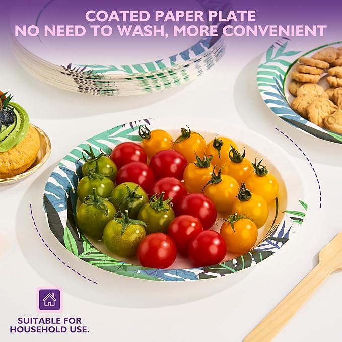 Disposable Paper Plates 8.5 Inch 300 Count, Soak Proof and Cut Resistant Leaf Pattern Heavy Duty Paper Plates Bulk for Parties, Picnics, Camping, and Everyday Meals