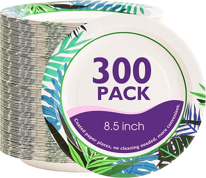 Disposable Paper Plates 8.5 Inch 300 Count, Soak Proof and Cut Resistant Leaf Pattern Heavy Duty Paper Plates Bulk for Parties, Picnics, Camping, and Everyday Meals