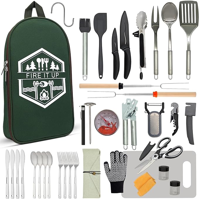 BOMKI Grilling and Camping Cooking Utensils Set for The Outdoors BBQ - Camping Utensil Set Kitchen Set Cookware Accessories Glamping Essentials Camp Stuff Camp Cooking Set (Green Pro)
