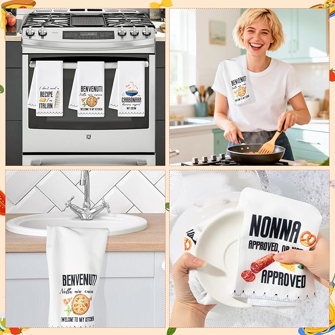 R HORSE Italian Kitchen Dish Towels - 5Pcs Italian Food Cleaning Dishcloth Italy Wine Cheese Pizza Absorbent Bar Quick Dry Hand Towel Tea Towels Birthday for Women Man Housewarming Decor