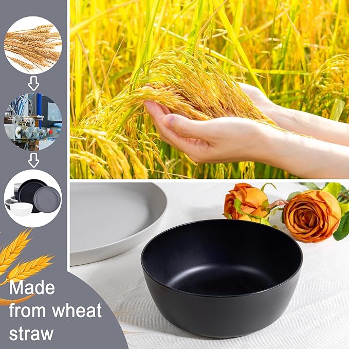 EI 12pcs Wheat Straw Plates,Wheat Straw Dinnerware Set,Plate and Bowls Sets,Plastic Plates Reusable-White,Black,Grey,Dark Grey,Dinner Plate Set of 4 Kitchen,Picnic