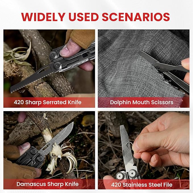 Multitool, 33-in-1 Stainless Steel Multi Tool Pliers with Screwdriver Sleeve, Damascus Pocket Knife, Nylon Sheath for Outdoor, Survival, Camping, Hiking, Simple Repair