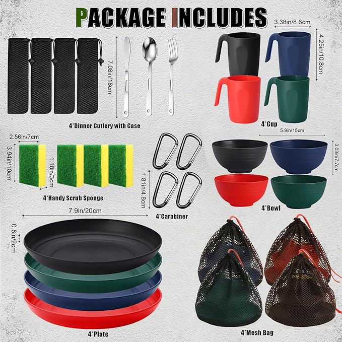 Scout Camping Mess Kit for Person Boy Scout Dishes Set Girl Scout Mess Kit with Mesh Bag Reusable Light Weight Eating Utensils Plastic Camping Cutlery Set for Travel Camp