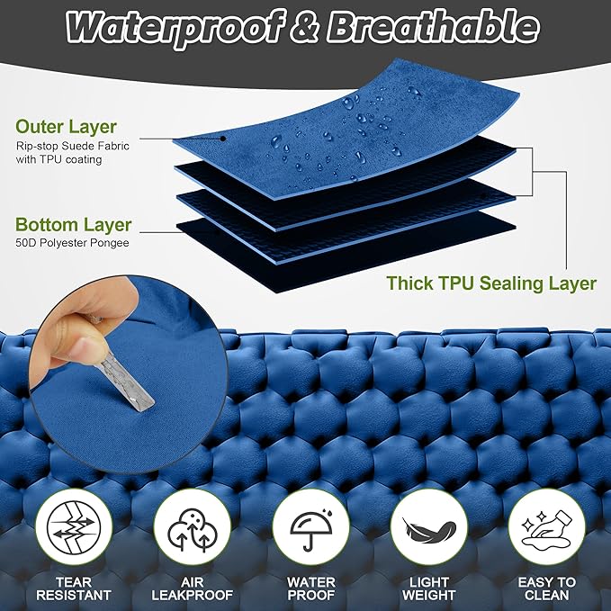 HiiPeak Double Sleeping Pad for Camping - Suede Top Camping Mattress with Pillow, Built-in Foot Pump, Compact Inflatable 2-Person Portable Mat for Backpacking, Hiking, Car Traveling, Beach, Tent