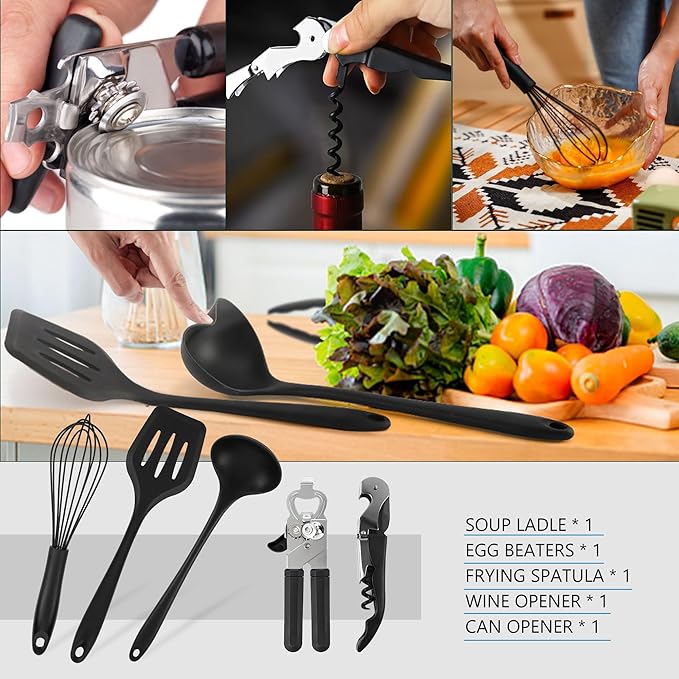 Wesqunie Camping Cooking Essentials Utensils Set - Camp Cookware Kitchen Accessories Kit, Camper Gear Must Haves, Stainless Steel & Silicone, RV Car Portable Outdoor Equipment Tool