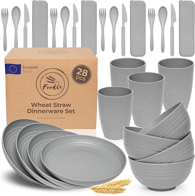 FOODLE Wheat Straw Dinnerware Set - BPA Free & Safety Tested - Microwave & Dishwasher Safe - Perfect for Picnic, Dorm, RV Dishes - Camping Plates Cups and Bowls Set - Great for Kids & Adults - For 4