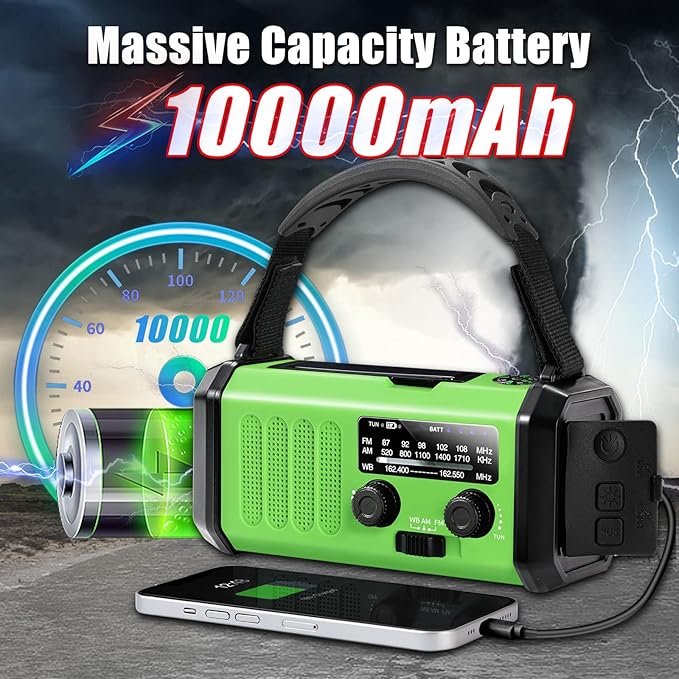 Leaton Emergency Radio with Solar/Hand Crank/USB Charging, 10000mAh Rechargeable Battery,NOAA/AM/FM Weather Radio with Multi-Function Flashlight and Cell Phone Charger for Indoor/Outdoor Emergencies