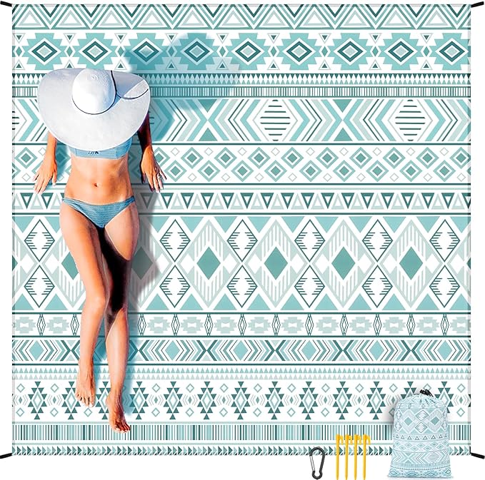 WIWIGO Beach Blanket Waterproof Sandproof Beach Mat 79" X 83"/10'x9'for 2-8 Adults Quick Drying Outdoor Picnic Mat Beach Accessories for Travel, Camping, Hiking