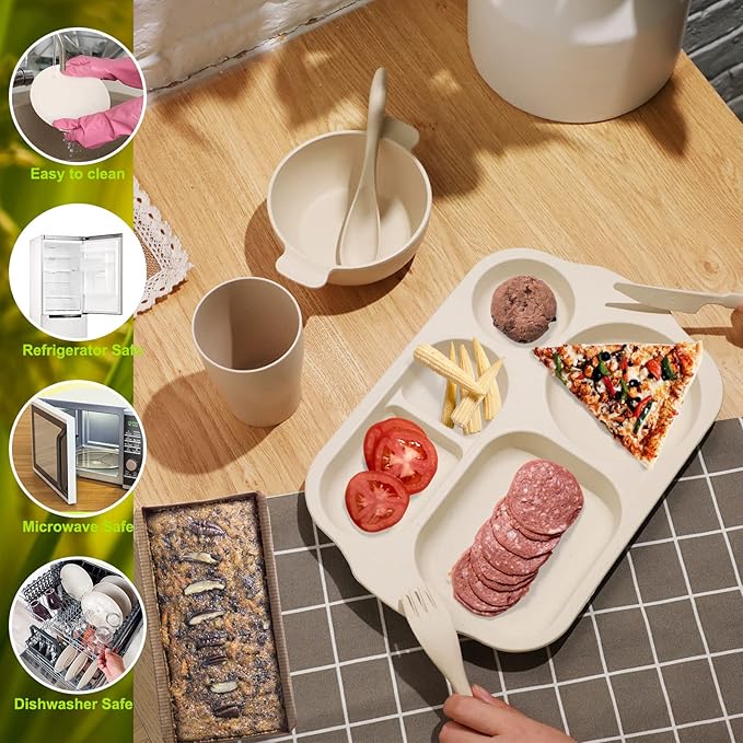 24 Pcs Wheat Straw Dinnerware Cutlery Set for Aldult Including Divided Plates Microwave Dishwasher Safe Bowl Unbreakable Tableware Straw Cutlery Spoon Knife Fork(Beige/pink/green/blue)