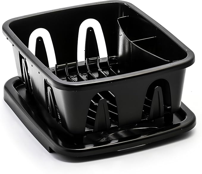 Camco RV Mini Dish Drainer & Tray - Features a Sloped Drain Tray Design, Heavy-Duty Construction - Ideal for Small Spaces, Apartments, Boats, and More -9.5" L x 11.7" W x 4.75" H - Black (43512)