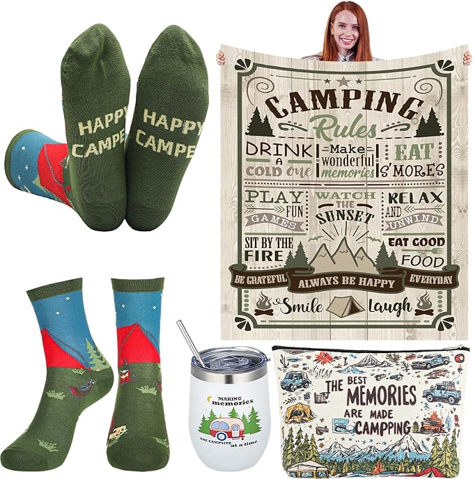 Patelai 4 Pcs Camping Gifts Set for Women & Men - Includes Tumblers, Throw Blanket, Socks, Toiletry Bag RV Gifts for Happy Camper Outdoor, Picnics, Hiking, RV Trips, Camping Accessories