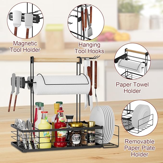 Grill Caddy with Magnetic Tool & Paper Towel Holders, Picnic Utensil Condiment Caddy, Barbecue Grill Tool Organizer for Outdoor Camping, Cooking, Camper