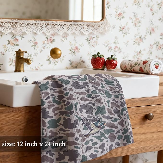 Vintage Camo Mallard Duck Kitchen Towels 16x24,Camouflage Farm Animal Decorative Hand Towels for Bathroom,Duck Hunting Accessories Dish Tea Towels for Kitchen