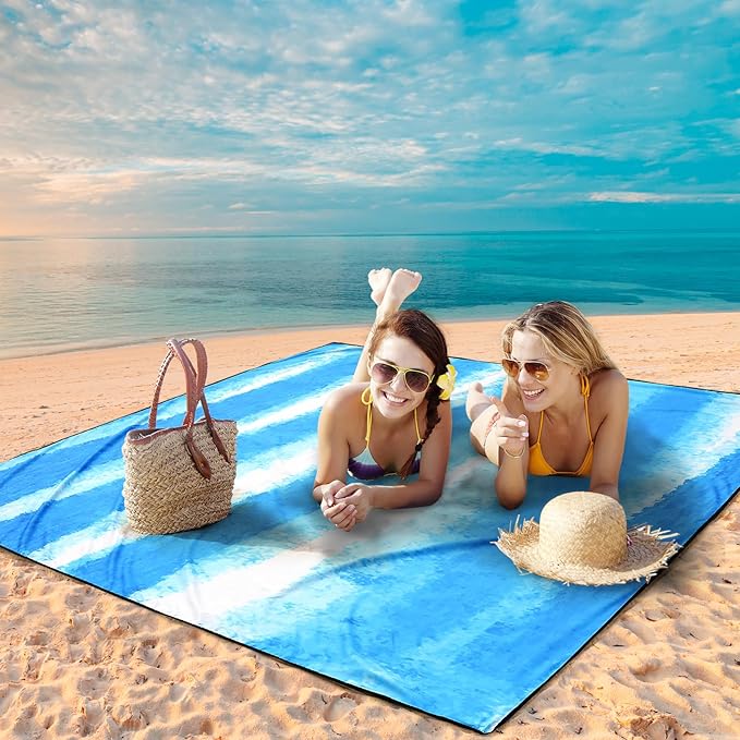 WIWIGO Beach Blanket Waterproof Sandproof Beach Mat 79" X 83"/10'x9'for 2-8 Adults Quick Drying Outdoor Picnic Mat Beach Accessories for Travel, Camping, Hiking