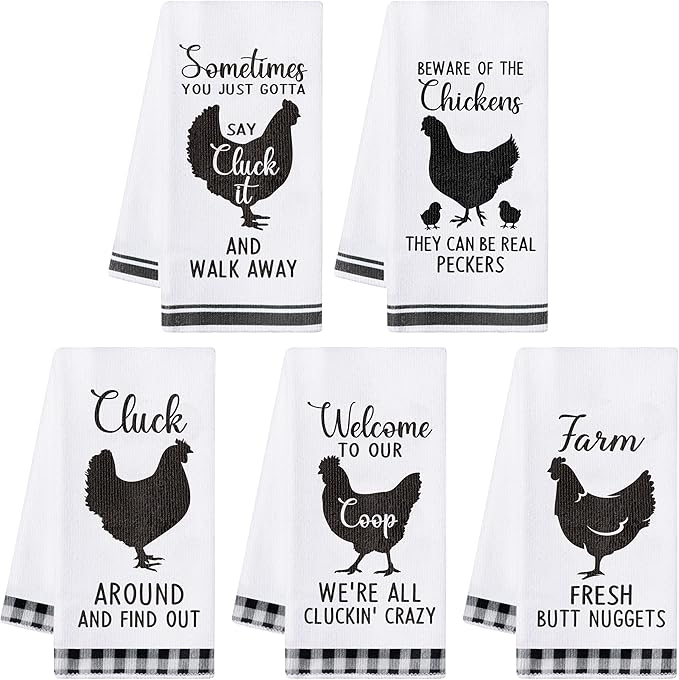 R HORSE 5Pcs Funny Chicken Kitchen Dish Towel Set Absorbent Quick Dry Cloth Dish Tea Towels Reusable Bar Hand Dishcloths Decor for Bathroom Kitchen Home Supplies