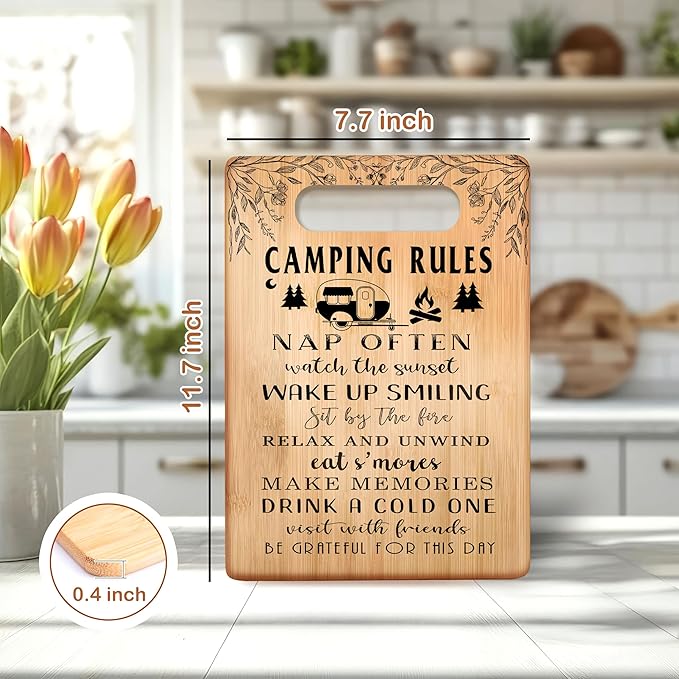 Camping Rules Cutting Chopping Board, Gifts for Camping Lovers, Camper Gifts for Women Men, Bamboo Cutting Boards for Kitchen