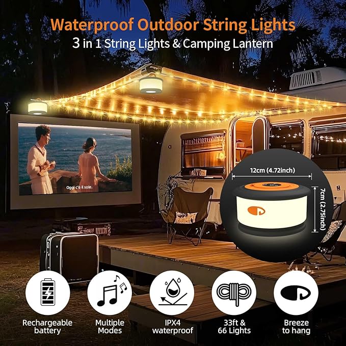 TOHETO Camping String Lights, 3 in 1 Upgraded Retractable RGB Outdoor String Lights with 19 Lighting Modes,Quick 30s Recovery, 32.8 FT Portable Tent Lights, Rechargeable Camping Lantern (Black&Orange)