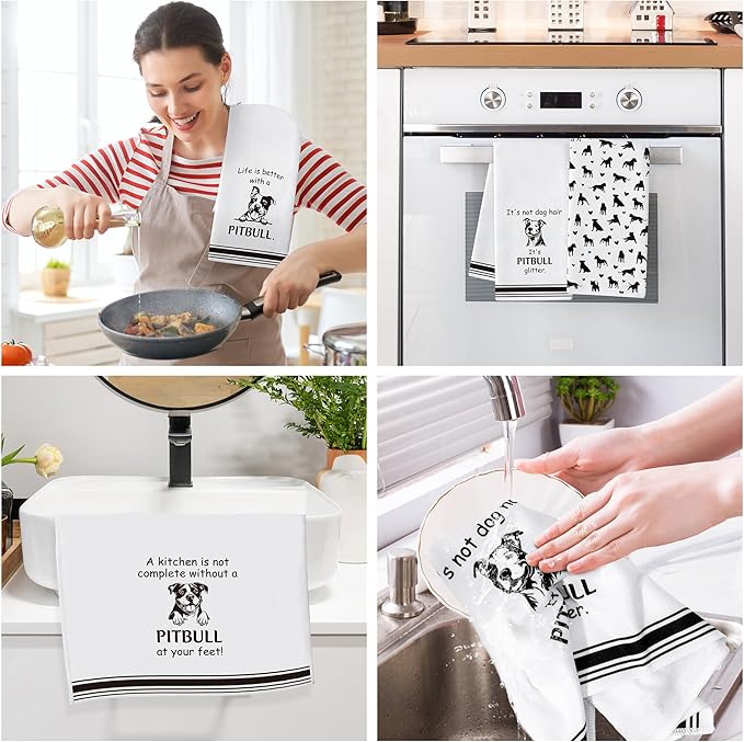 R HORSE Pitbull Kitchen Dish Towel - 5Pcs Cute Pitbull Cleaning Dishcloth Animal Dog Absorbent Bar Quick Dry Hand Towel Tea Towels for Women Housewarming Birthday Bathroom Kitchen Home Decors