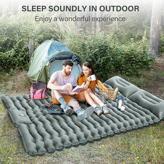 Yuzonc Double Camping Sleeping Pad – 4" Ultra-Thick Foot-Pump Design, Lightweight 2-Person Inflatable Sleeping Mat with Pillow for Backpacking, Hiking, Travel, Tent – Gray