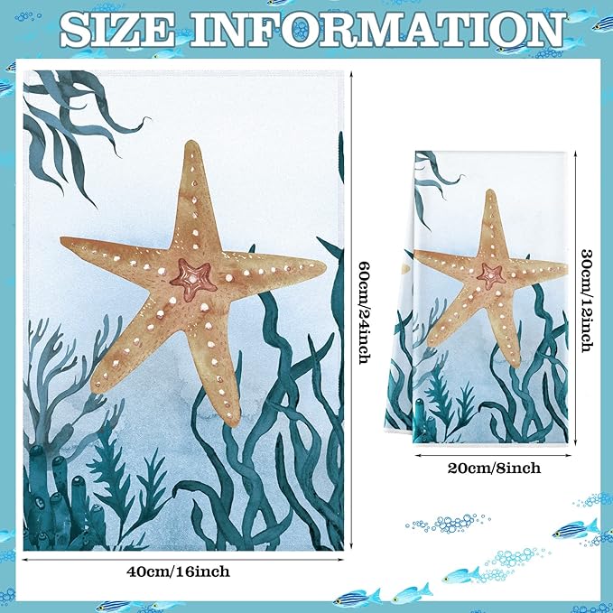 Boyiee 6 Pcs Beach Kitchen Towels Set, Ocean Sea Animal Nautical Tea Towels, 24 x 16 Inches Absorbent Cloth, Coastal Starfish Turtle Jellyfish Hand Dishcloths for Farmhouse Bathroom & Kitchen Decor