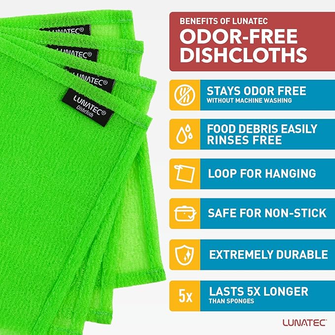 Lunatec® Odor-Free Kitchen Dishcloths. A Scrubber and scouring pad for All Surfaces. Safe for Non-Stick. (6-Pack)