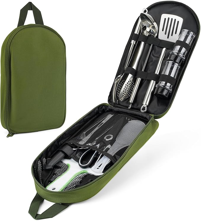 Portable Camping Utensil Set, 16 Piece Cookware Kit, Outdoor Cooking and Grilling Utensil Organizer Travel Set Perfect for Picnic, RV, Tailgating, Camping, Hiking, CT606