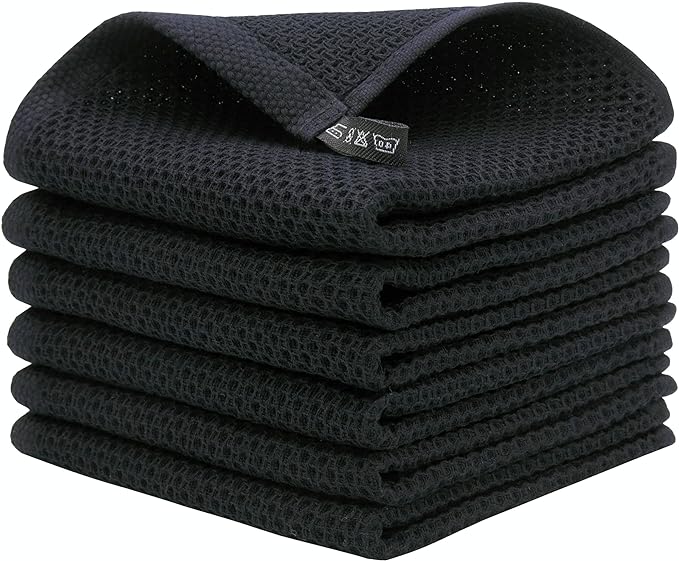 Mia'sDream Cotton Kitchen Towels and Dish Cloths Sets, Waffle Weave Dish Towels for Kitchen Drying Dishes, Soft and Absorbent Kitchen Hand Towels Washcloths,12inchx12inch 6 Pack (Black)