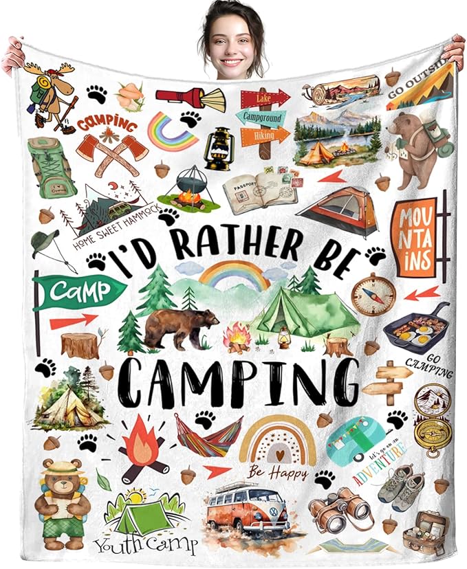 Camping Blanket Gifts for Women Men Camper Essentials Stuff Plush Flannel Throw Blanket Gifts for Camping Lovers Outdoor Camper Rv Owners Travel Hiking 60"x50"