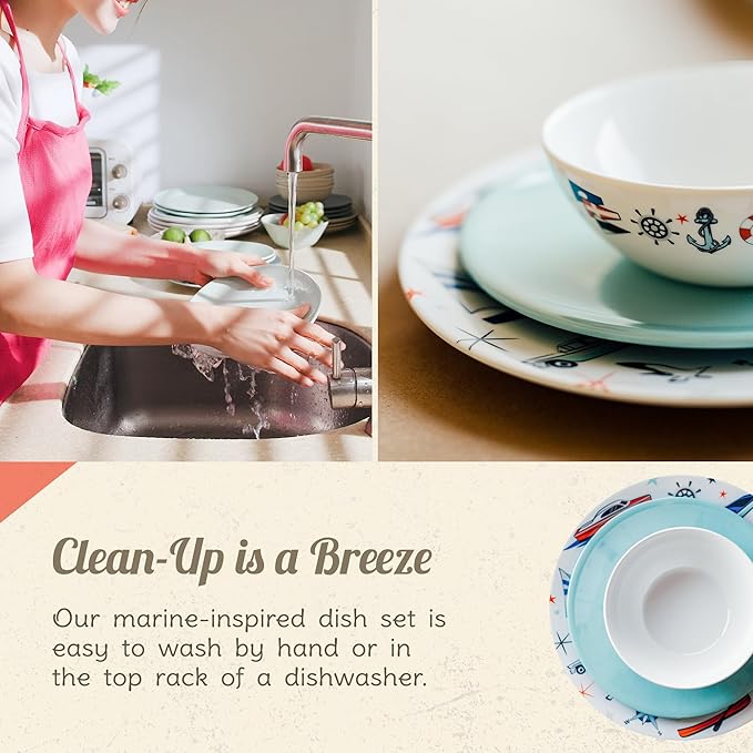 Melamine Dinnerware Sets - 6-pc Marine Dish Set - 2 Bowls, 2 Salad & 2 Dinner Melamine Plates for Indoor & Outdoor - BPA Free, Dishwasher Safe, Shatter-Res Dinnerware Set - Camping Dishes, Camp Casual