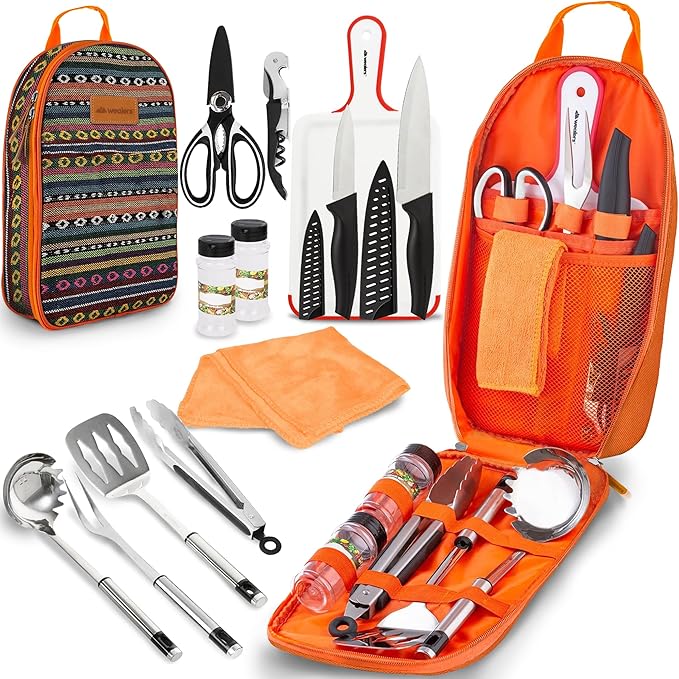 Wealers Camp Kitchen Cooking Utensil Set Travel Organizer Grill Accessories Portable Compact Gear for Backpacking BBQ Camping Hiking Travel Cookware Kit Water Resistant Case