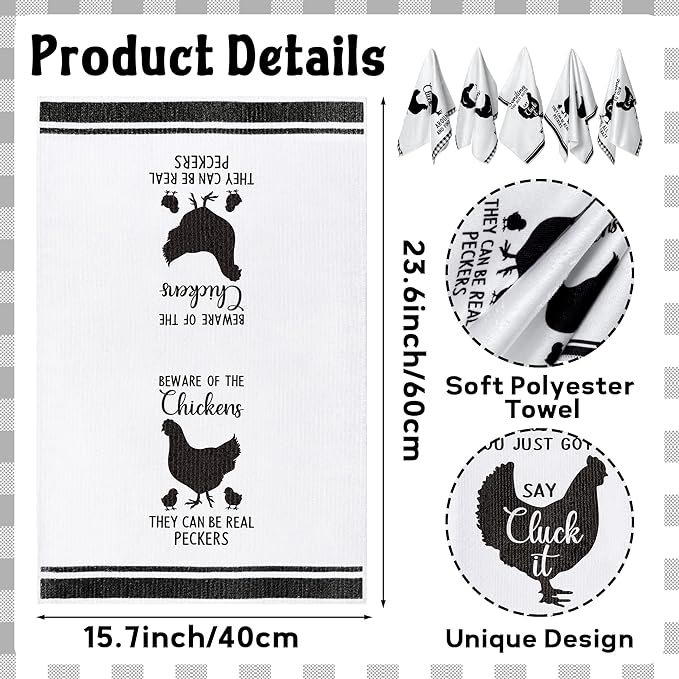 R HORSE 5Pcs Funny Chicken Kitchen Dish Towel Set Absorbent Quick Dry Cloth Dish Tea Towels Reusable Bar Hand Dishcloths Decor for Bathroom Kitchen Home Supplies